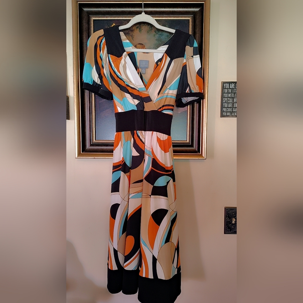Abstract Print Midi Dress in Orange, Teal & Black - Women Dresses Midi